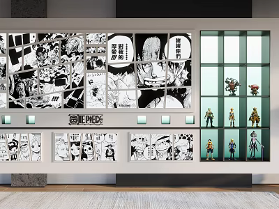 Comic Style Display Shelves With Character Models In Modern Exhibition Area 3d model