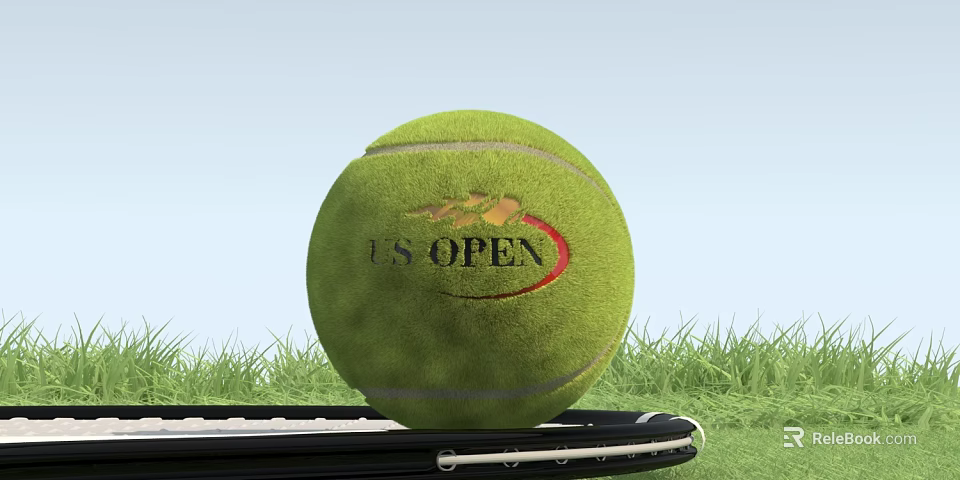 Professional Tennis Equipment Featuring U.S. OPEN Logo Ball On Racket With Grass 3d model 