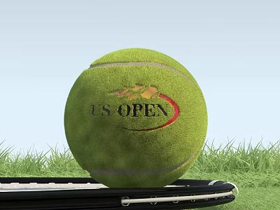 Professional Tennis Equipment Featuring U.S. OPEN Logo Ball On Racket With Grass 3d model