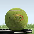 Professional Tennis Equipment Featuring U.S. OPEN Logo Ball On Racket With Grass
