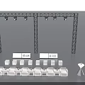 Stage Truss Structure With Lighting White Seats And Toast Beverage Signs Small Tables Setup