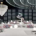 Elegant Banquet Hall Interior Featuring Crystal Chandeliers Flower Arrangements And Stage