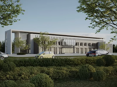 Modern Office Building Exterior Featuring Glass Facade Landscaped Gardens And Parked Cars 3d model