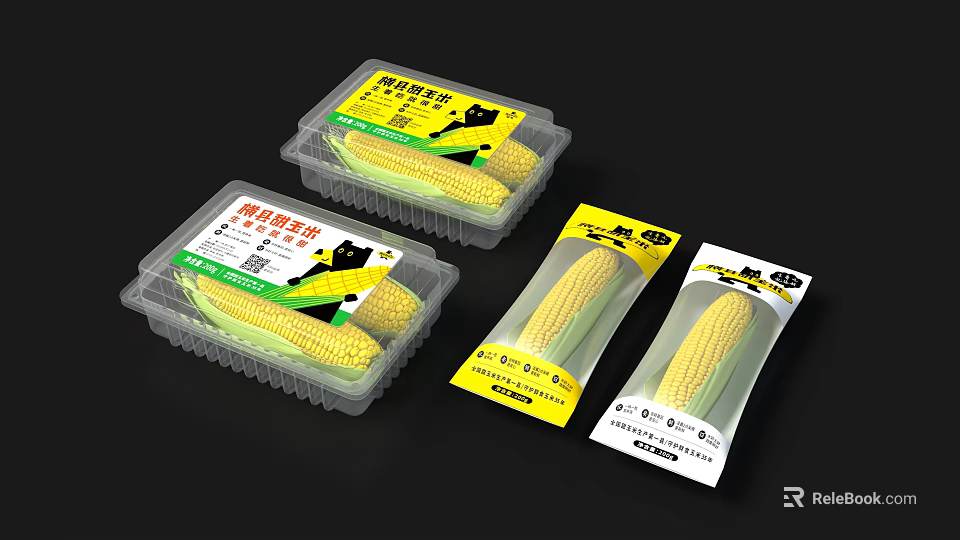 Fresh Sweet Corn Vegetables Packaged in Plastic Containers and Small Bags 3d model
