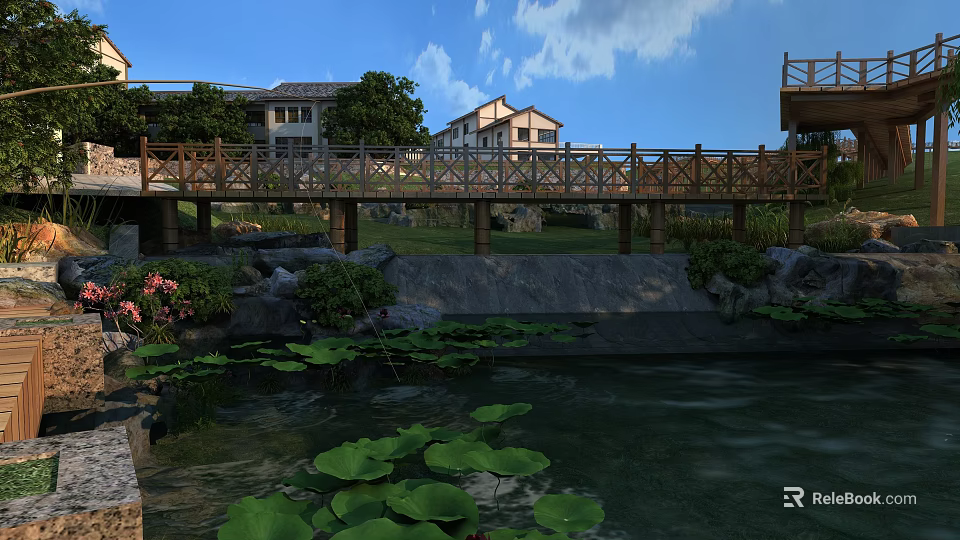 Scenic Landscape With Wooden Bridge Over Pond Lotus Leaves Blue Sky White Clouds And Houses 3d model 