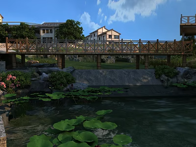 Scenic Landscape With Wooden Bridge Over Pond Lotus Leaves Blue Sky White Clouds And Houses 3d model