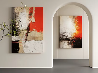 Abstract Wall Art With Red White Black Beige Colors Near Archway And Green Plant 3d model