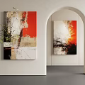 Abstract Wall Art With Red White Black Beige Colors Near Archway And Green Plant