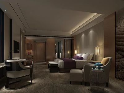 Hotel Guest Room Interior Featuring Comfortable Bed Bedside Lamps Armchair And Soft Carpet 3d model