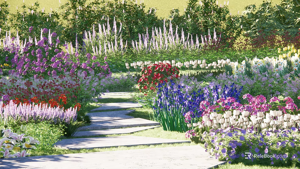 Colorful Garden Flowers And Plants Along Stone Path With Lush Greenery 3d model 
