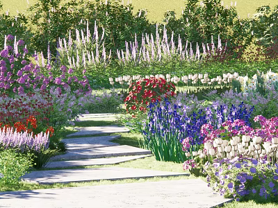 Colorful Garden Flowers And Plants Along Stone Path With Lush Greenery 3d model