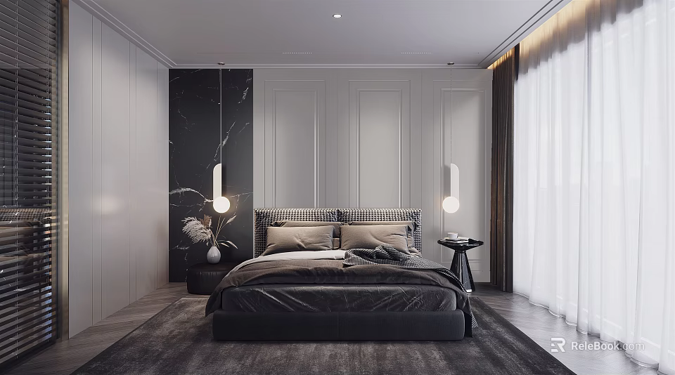 Modern Bedroom Interior With Dark Bed Hanging Lights Nightstand And Area Rug 3d model 