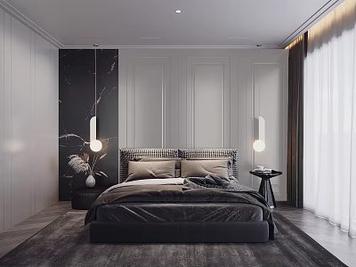 Modern Bedroom Interior With Dark Bed Hanging Lights Nightstand And Area Rug 3d model