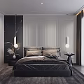 Modern Bedroom Interior With Dark Bed Hanging Lights Nightstand And Area Rug
