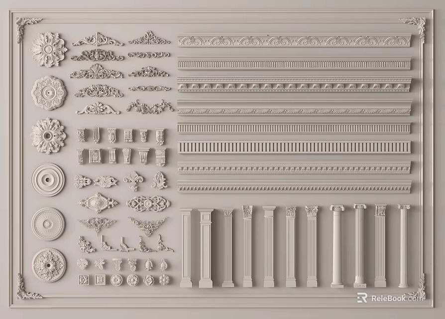 Intricate Carved Decorative Moldings Columns And Ornate Patterns For Interior Design 3d model 