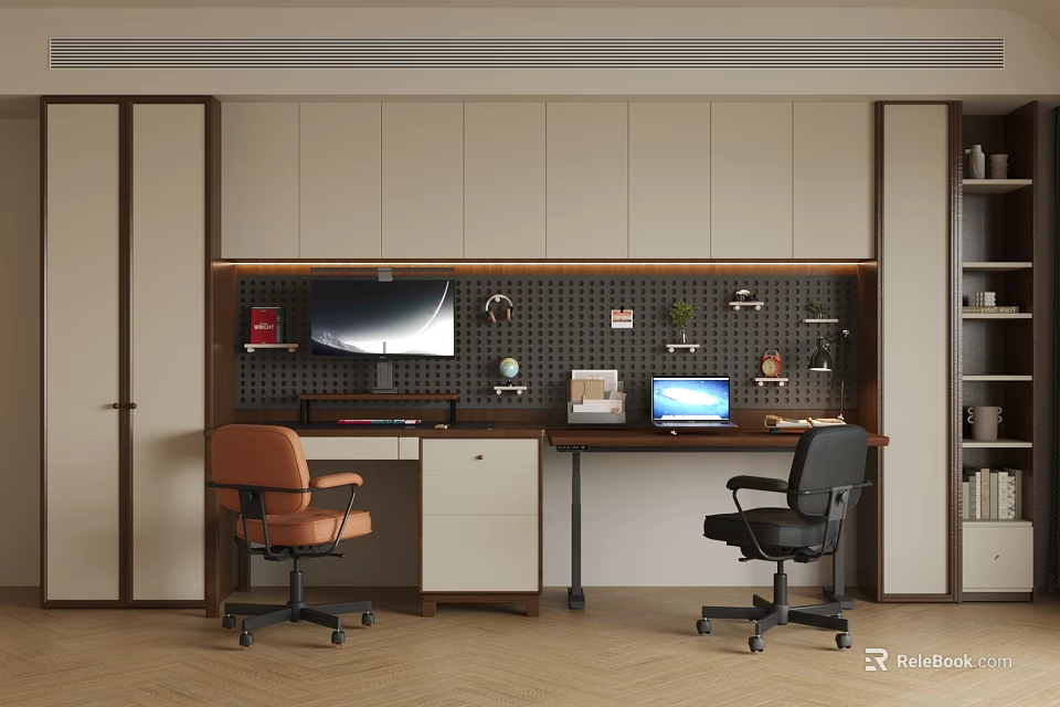 Modern Study Room With Orange And Black Office Chairs Desk Computer Wall Cabinets And Plants 3d model 