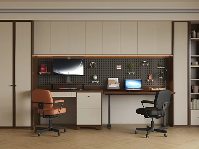 Modern Study Room With Orange And Black Office Chairs Desk Computer Wall Cabinets And Plants 3d model