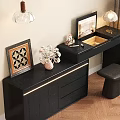 Black Vanity Table with Drawers Table Lamp Mirror Vase and Stool in Bedroom