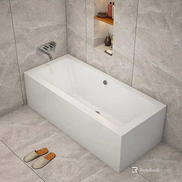 Sleek Modern White Bathtub In Bathroom With Grey Tile Walls And Chrome Faucet 3d model 