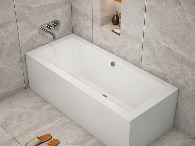 Sleek Modern White Bathtub In Bathroom With Grey Tile Walls And Chrome Faucet 3d model