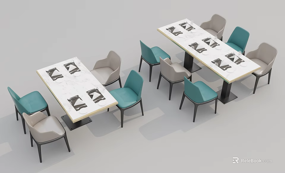 Modern Minimalist Dining Table Set With Marble Top And Blue Gray Chairs 3d model