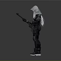 Hooded Character In Black Tactical Outfit Holding Rifle With Blue Accents