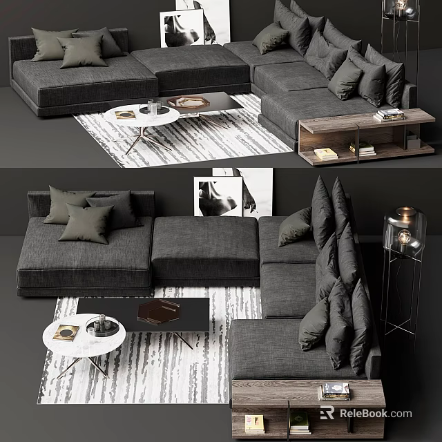 Modern Gray Double Sofa With Plush Cushions Coffee Table And Area Rug 3d model