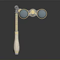 Scenic Landscape Reflected in Classic Binoculars with Wooden Handle and Metal Frame