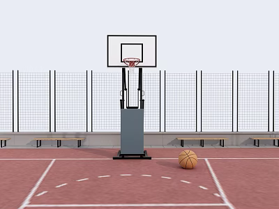 Outdoor Basketball Sports Equipment Featuring Hoop Stand Red Court Surface And Wire Fence 3d model