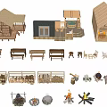 Wooden House Models With Various Styles Benches Wood Piles And Campfire Accessories