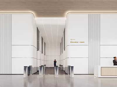 Modern Lobby Front Desk Reception Interior With White Walls Wooden Ceiling And Staff 3d model