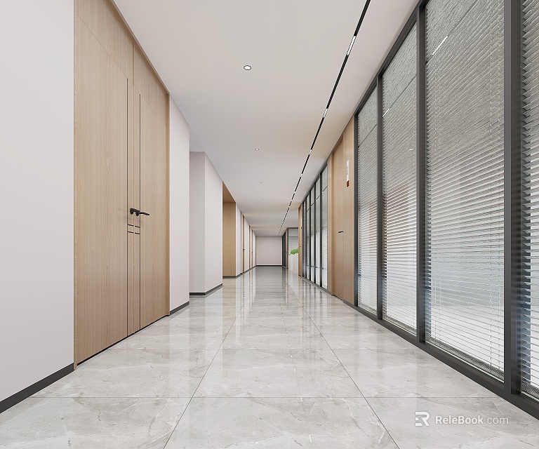 Spacious Modern Office Corridor Interior With Wooden Doors Glass Partitions Marble Flooring And Ceiling Lights 3d model 