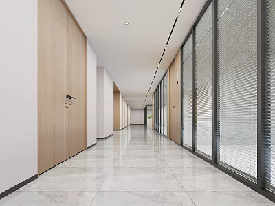 Spacious Modern Office Corridor Interior With Wooden Doors Glass Partitions Marble Flooring And Ceiling Lights 3d model