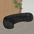 Black Curved Sectional Sofa In Modern Space With Wooden Wall And Green Plant
