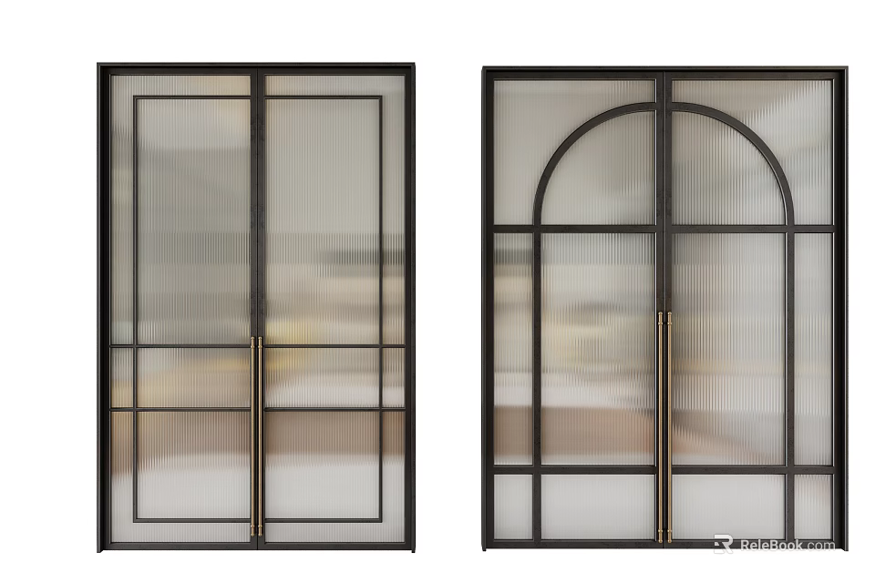 Modern Sliding Doors with Black Frame Golden Handles Glass Panels and Arch Design 3d model 