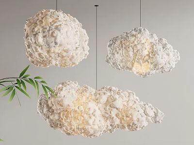 Three Modern Textured Cloud Pendant Lights with Bamboo Leaves in Minimalist Space 3d model