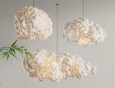 Three Modern Textured Cloud Pendant Lights with Bamboo Leaves in Minimalist Space 3d model