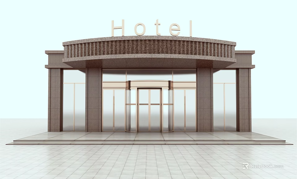 Hotel Main Entrance Gate With Glass Doors And Brown Facade Design 3d model 