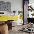 Modern Living Room Interior With Yellow Cabinet Black Sofa Glass Coffee Table And Geometric Decorations