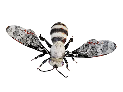 Detailed Black And White Striped Bee With Patterned Wings And Red Accents 3d model