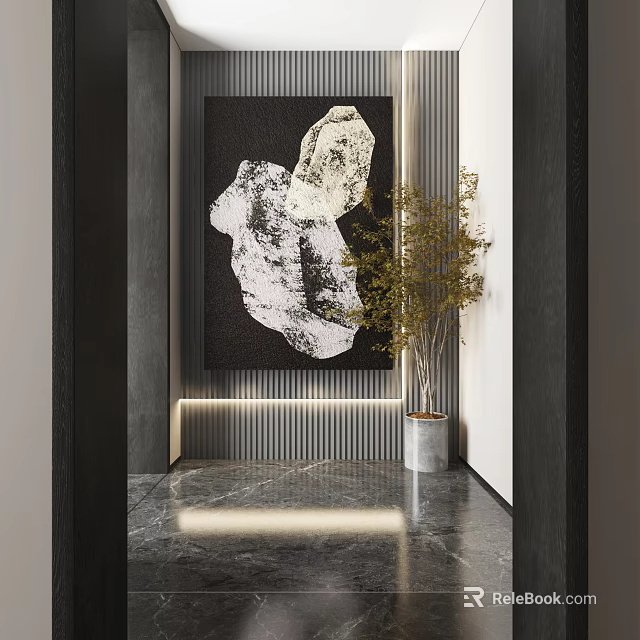Modern Entrance Interior With Abstract Painting Striped Wall Green Plant And Marble Floor 3d model 
