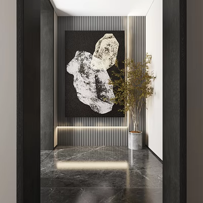 Modern Entrance Interior With Abstract Painting Striped Wall Green Plant And Marble Floor 3d model