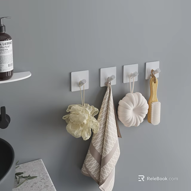 Stylish Bathroom Accessories on Gray Wall with White Hooks Bath Sponge Towel and Wooden Brush 3d model 