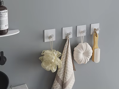 Stylish Bathroom Accessories on Gray Wall with White Hooks Bath Sponge Towel and Wooden Brush 3d model