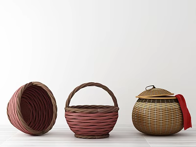 Woven Storage Baskets With Handles Lid And Red Brown Tones For Home Organization 3d model