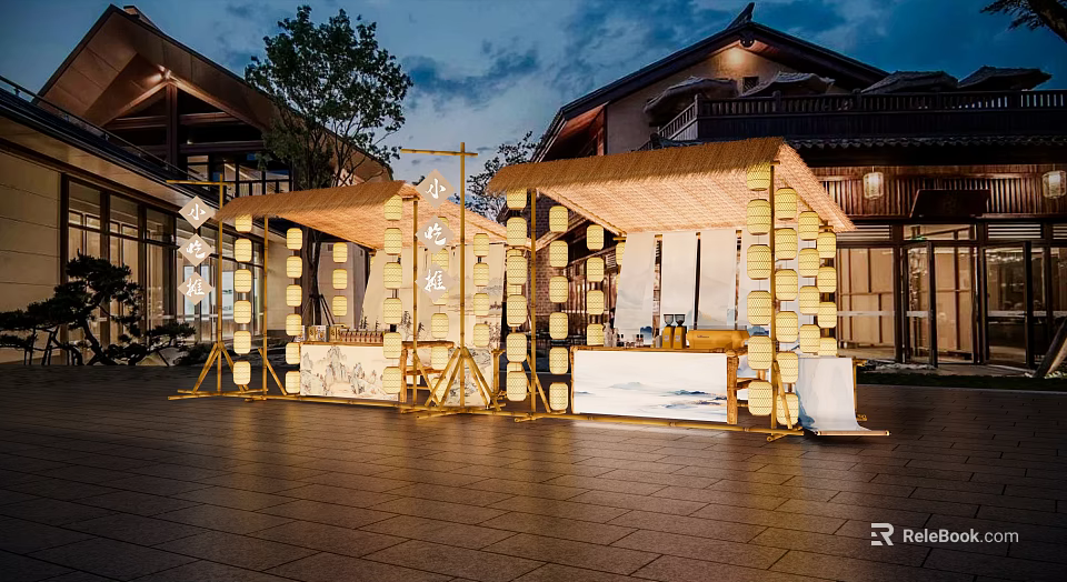 Charming Commercial Outdoor Seating Area With Straw Canopy Lighting And Traditional Buildings 3d model 