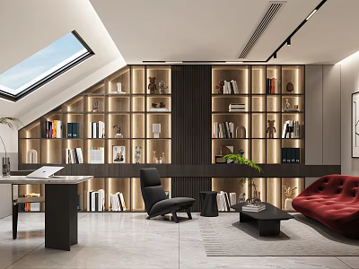 Modern Study Room With Bookshelves Desk Chair Skylight Red Sofa And Green Plants 3d model