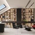 Modern Study Room With Bookshelves Desk Chair Skylight Red Sofa And Green Plants