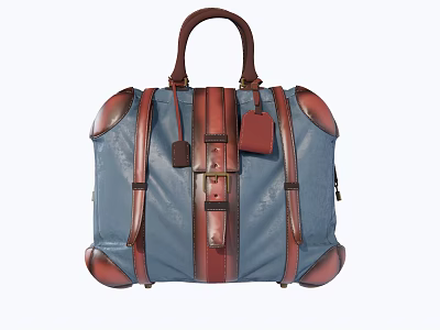 Blue And Brown Leather Duffle Bag With Top Handle And Decorative Straps 3d model