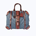 Blue And Brown Leather Duffle Bag With Top Handle And Decorative Straps